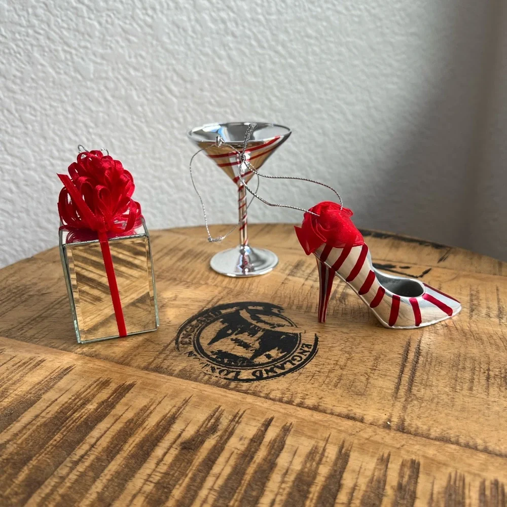 Mirrored Red Striped Ornament Bundle High Heel Shoe Gift Present Martini Glass